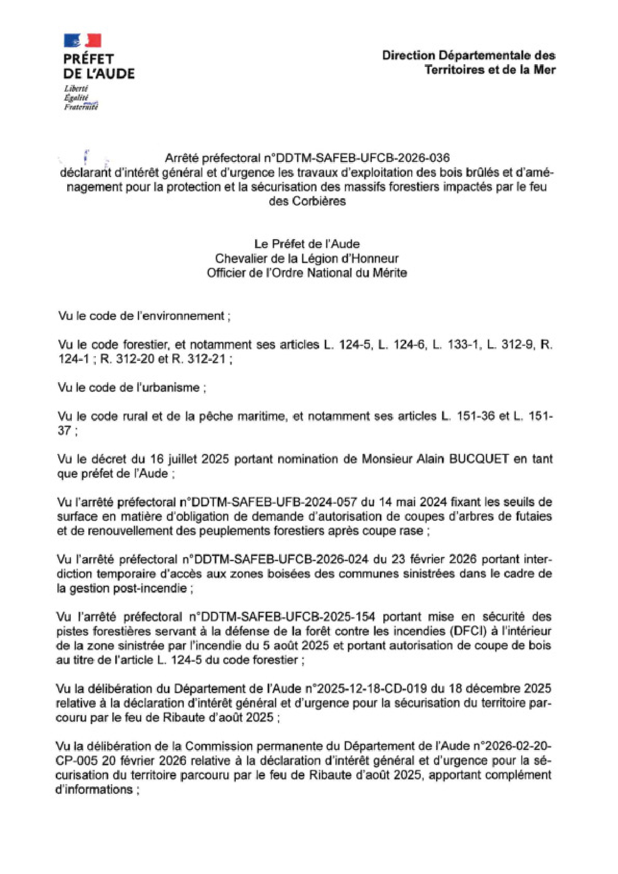 DDTM-SAFEB-UFCB-2026-036 DIGU travaux d’exploitation des bois brûlés et d’aménagement pour la protection et la sécurisation des massifs forestiers impactés par le feu des Corbières